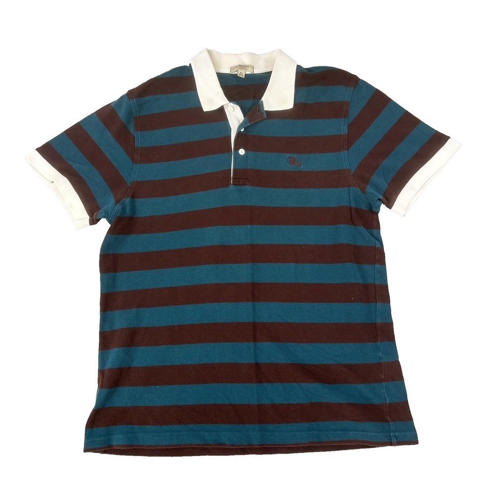 Burberry London Polo Shirt Mens XL‎ Blue Brown Stripe Short Sleeve Slim Fit Logo
